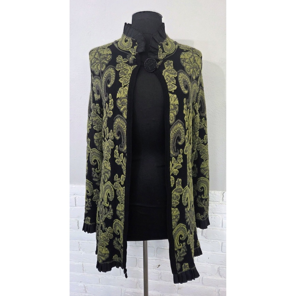 Icelandic Design Long Open Cardigan Women's M Fleur-de-lis‎ Pleated Trim Ribbon